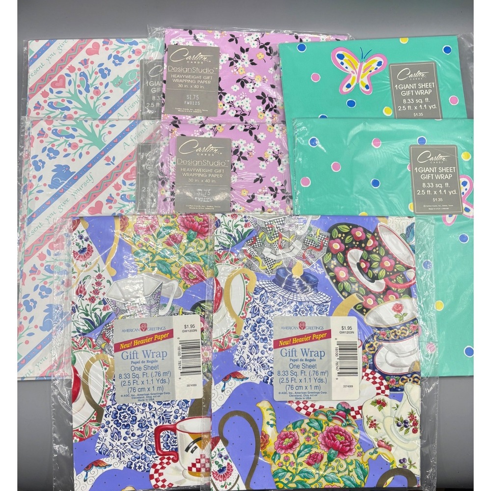 Vintage American Greetings Carlton Cards Gift Wrap Lot 8 Sheets Floral Butterfly